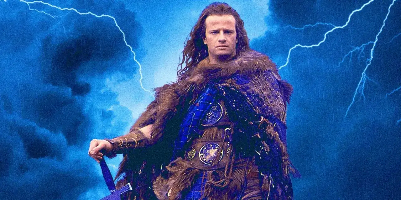 Nieśmiertelny highlander w futrzanym płaszczu i szkockiej kracie, z mieczem w dłoni, na tle burzowego nieba z błyskawicami.
