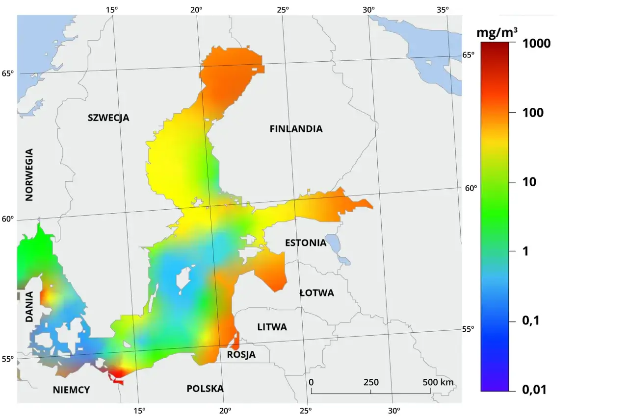 Mapa pokazuje rozkład stężenia tlenu w Bałtyku. Kolory od niebieskiego do czerwonego wskazują, ile wody jest w Bałtyku, od niskich do wysokich wartości.