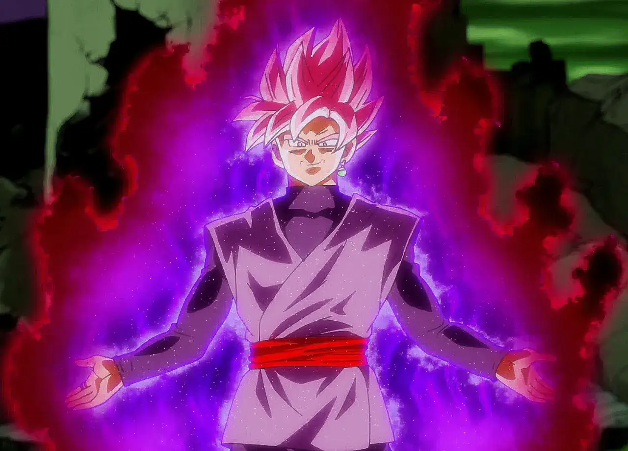 Goku Black w swojej różowej formie, otoczony fioletową i czerwoną aurą, emanuje mroczną mocą.