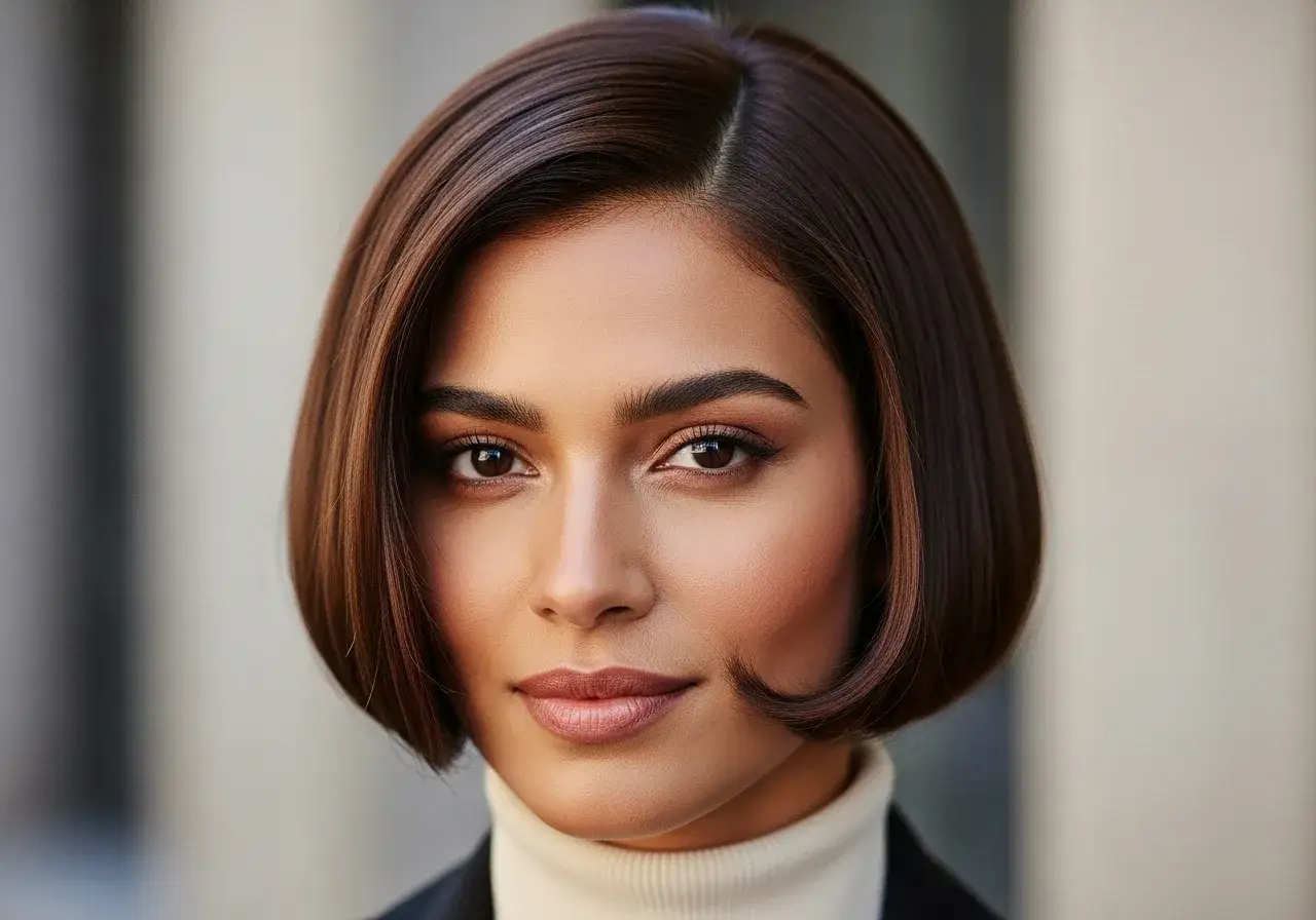 En kvinna med en elegant, m&ouml;rkbrun bobfrisyr. Hon har en polerad look som kan inspirera fr&aring;gan: vilken frisyr passar mig?