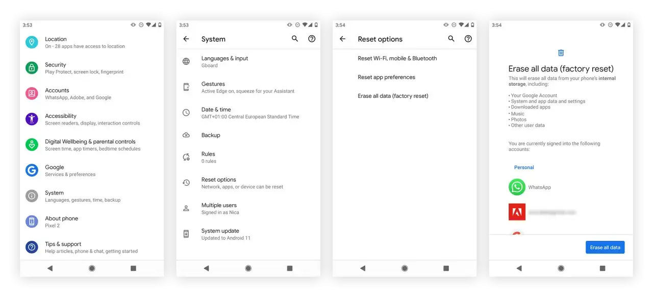Pantallas de Android mostrando opciones de restablecimiento. Se puede ver la opci&oacute;n 