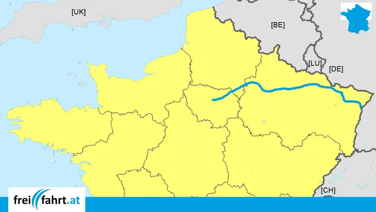 Carte de France avec une ligne bleue traversant l'est, marquant l'autoroute de l'est.