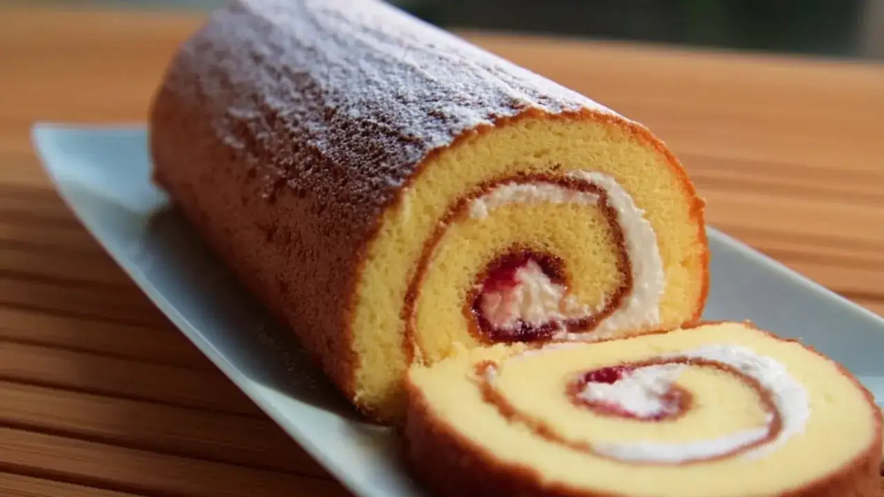 En saftig glutenfri rulltårta med sylt och grädde, pudrad med florsocker. Perfekt för fikat!