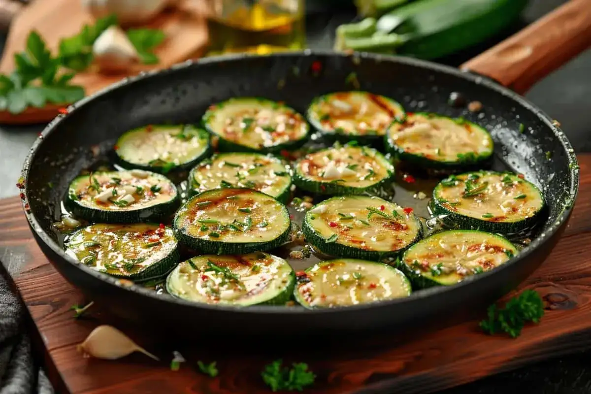 Tranches de courgettes dor&eacute;es &agrave; la po&ecirc;le, parsem&eacute;es d'herbes et d'&eacute;pices. Une d&eacute;licieuse recette de courgette &agrave; la po&ecirc;le pr&ecirc;te &agrave; &ecirc;tre d&eacute;gust&eacute;e.