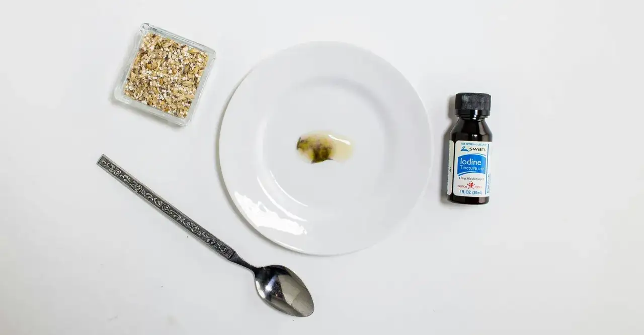 Test d'iode sur une substance verte sur une assiette, avec des grains et une bouteille d'iode &agrave; proximit&eacute;.