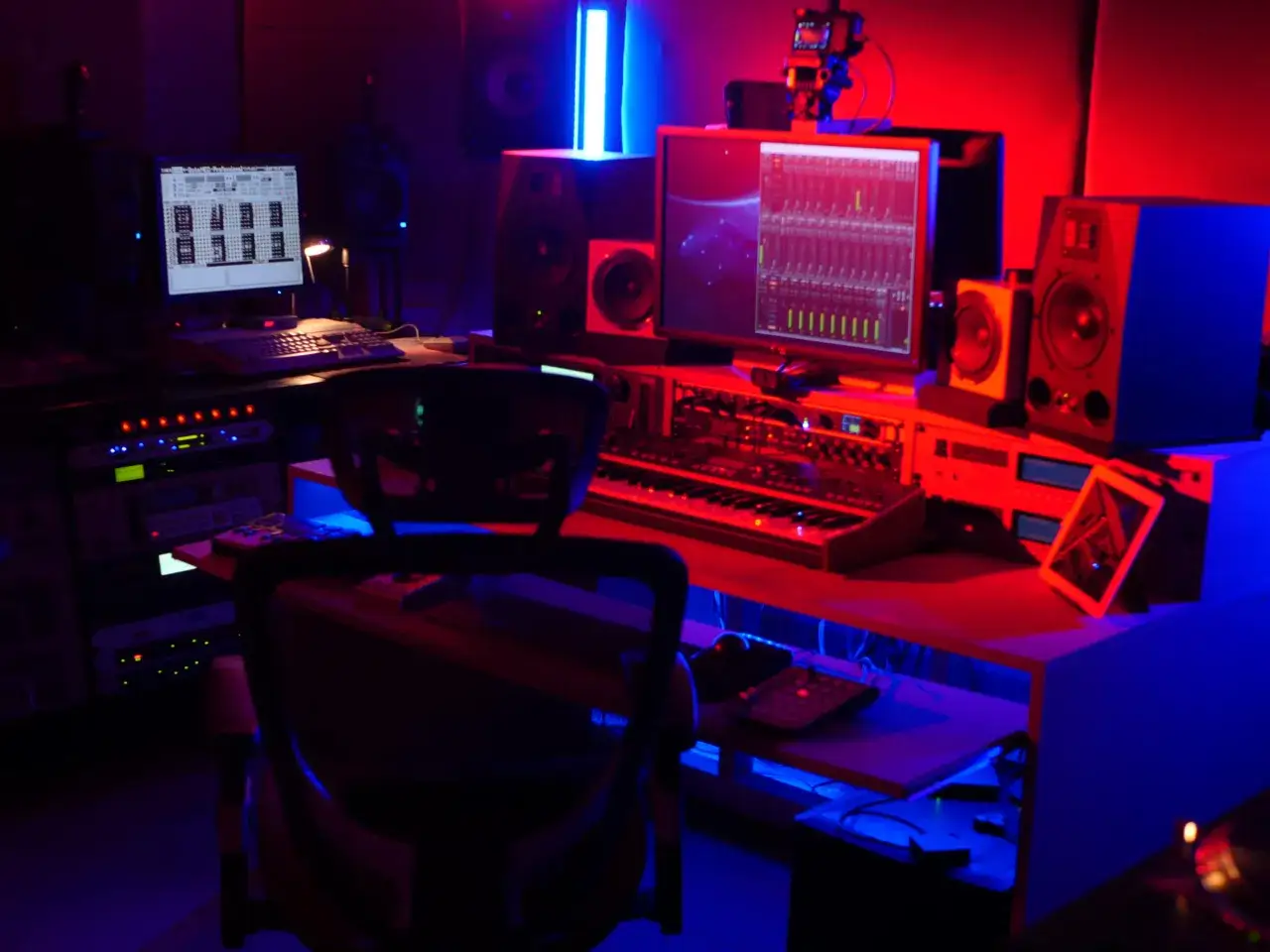 Studio d'enregistrement avec écrans, claviers, tables de mixage et enceintes, prêt pour la musique assistée par ordinateur.