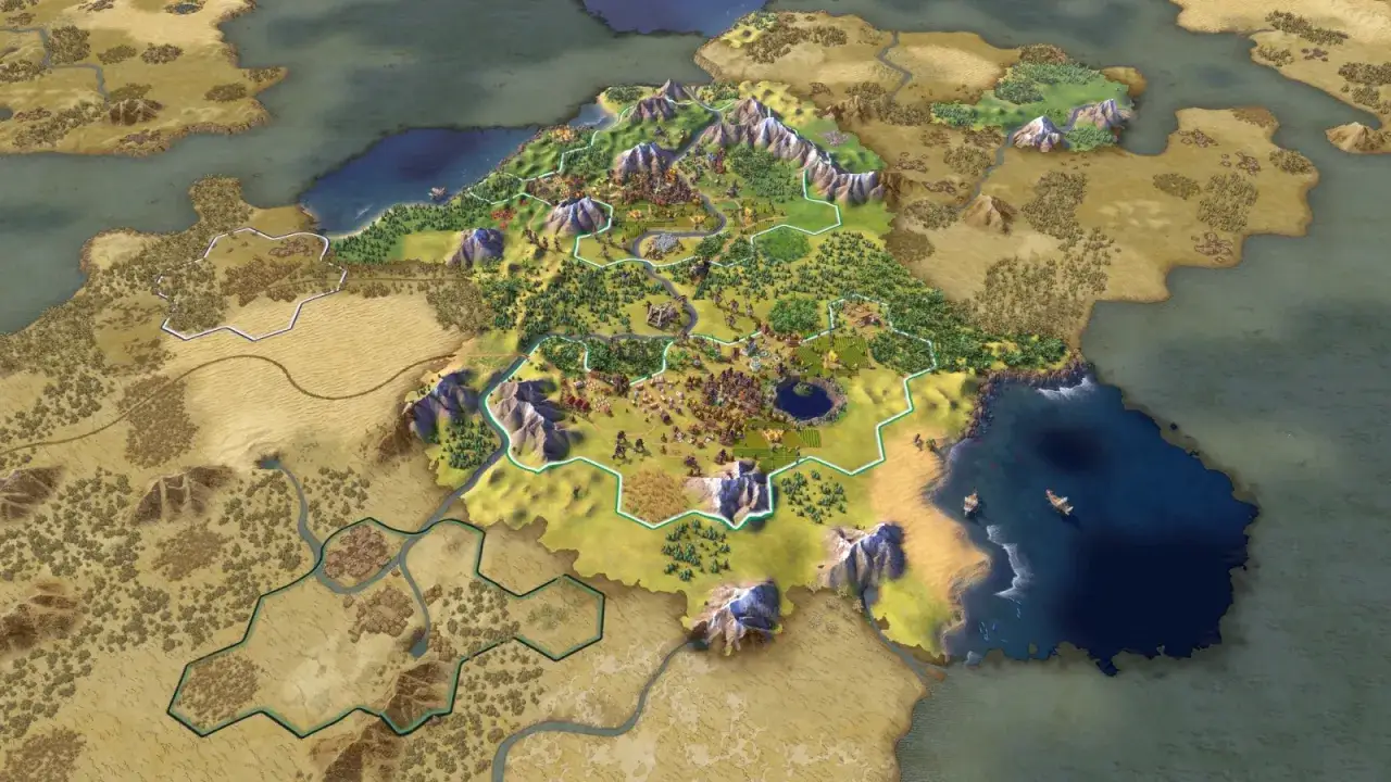 Mapa strategiczna z miastami, polami i górami. Widać fragmenty lądu i morza, przypominające świat z dawnych epok.