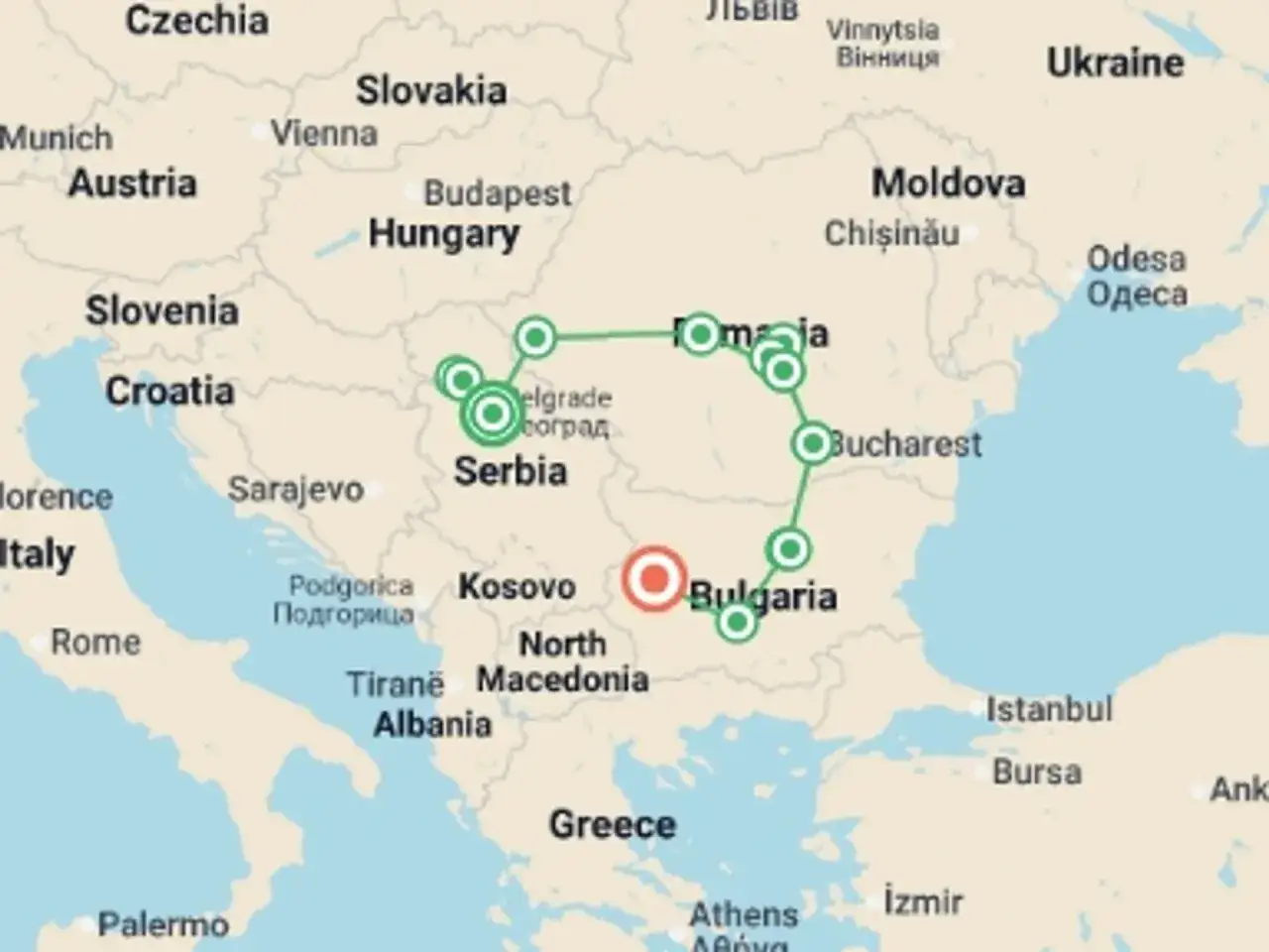 Trasa podróży przez Bałkany: Serbia, Rumunia, Bułgaria. Zaznaczone miasta i główne punkty na mapie Europy Środkowo-Wschodniej.