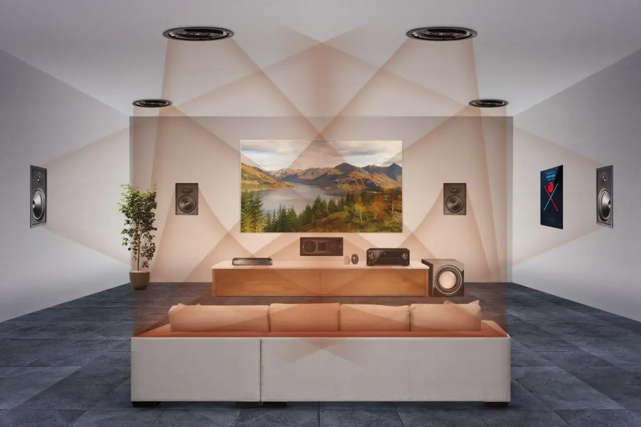 Salon moderne avec système audio immersif. Des haut-parleurs muraux et au plafond créent une expérience sonore enveloppante, typique du **Dolby Atmos**.