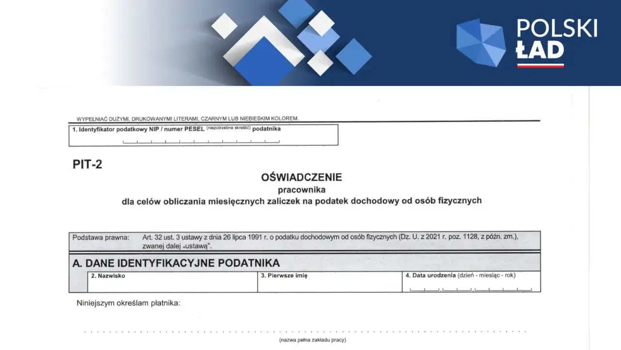 Formularz PIT-2, oświadczenie pracownika dotyczące obliczania zaliczek na podatek dochodowy. Wypełniony w celu uzyskania kwoty zmniejszającej podatek.