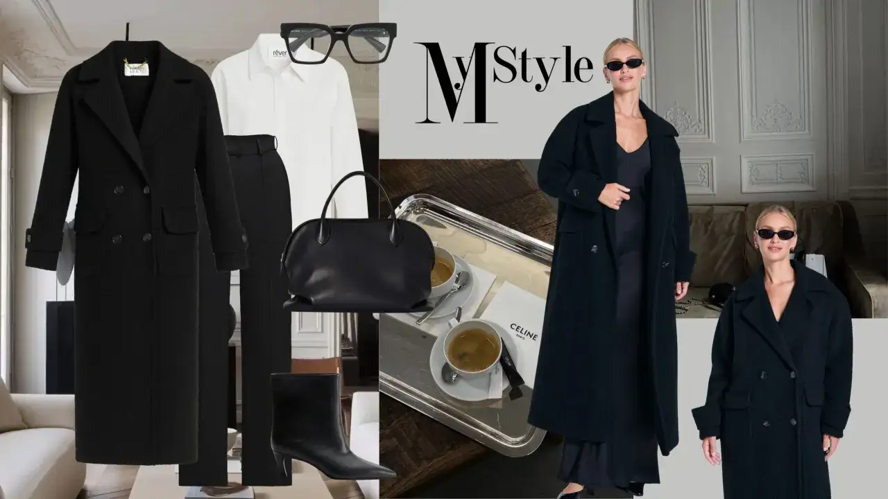 Elegancki płaszcz czarny oversize, idealny do stylizacji z białą koszulą i czarnymi spodniami. Dodatki: torebka, botki, okulary.