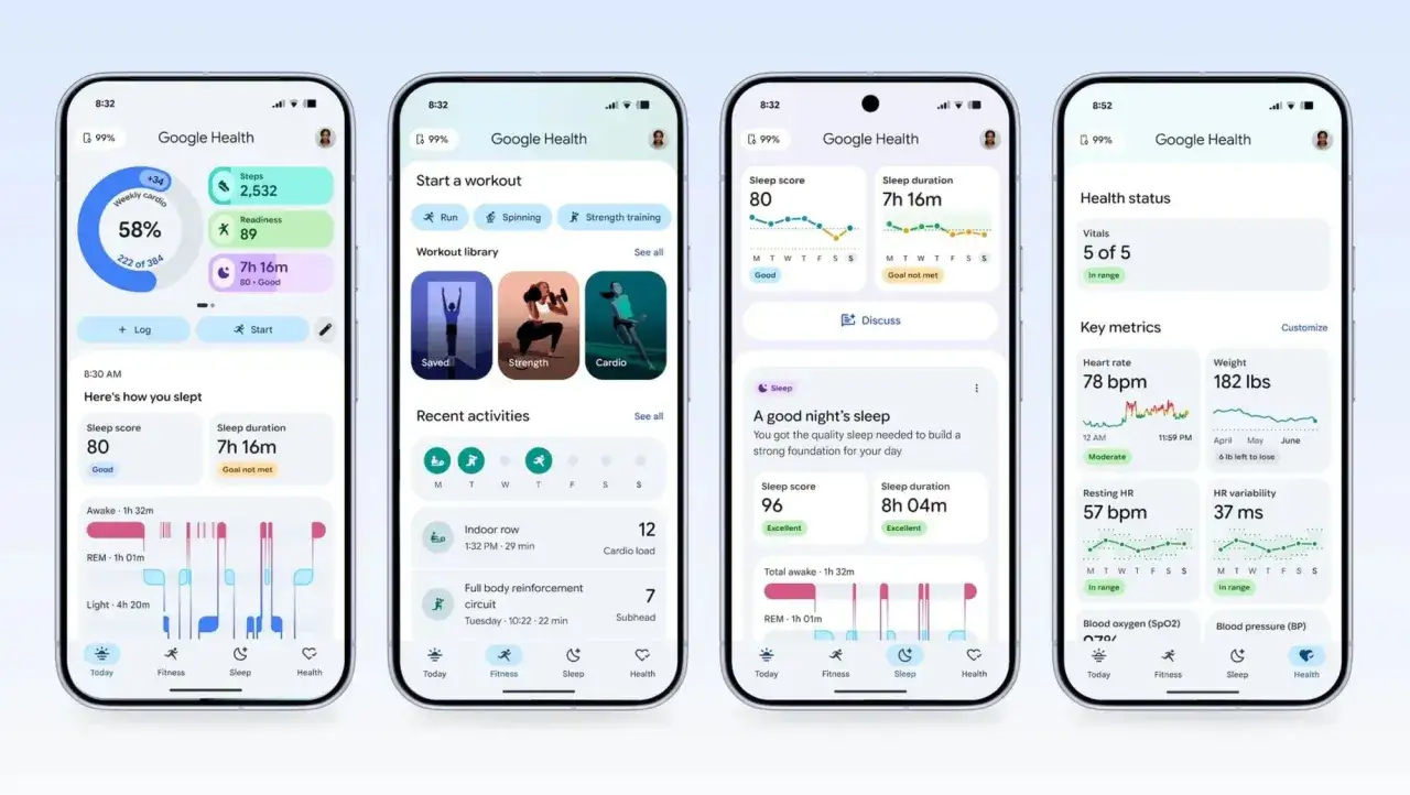 Ekran główny aplikacji Google Fit pokazuje podsumowanie aktywności: kroki, sen, treningi. Dostępne są też szczegółowe dane o zdrowiu.
