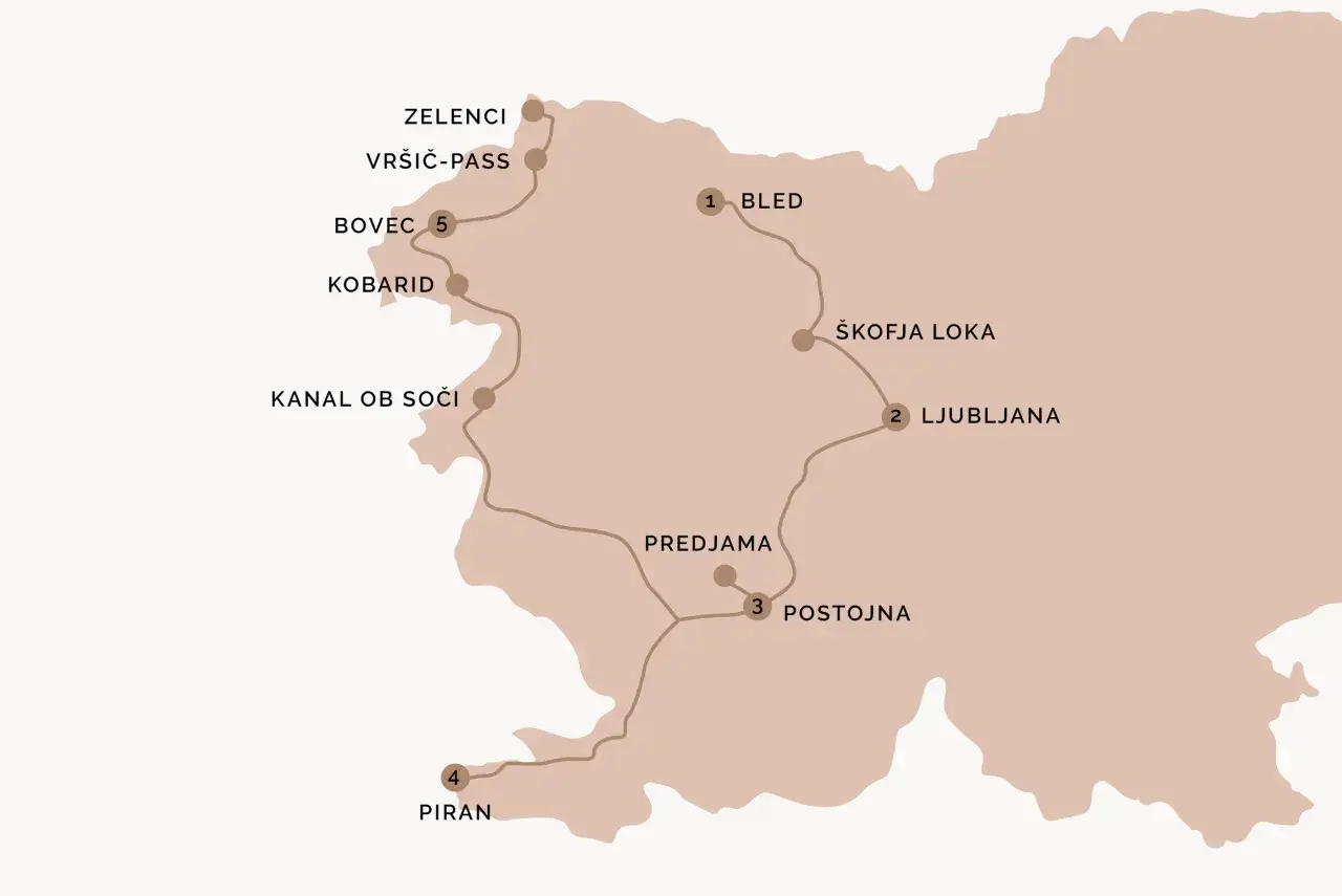 Karte zeigt eine Route für eine slowenien rundreise mit Stationen wie Bled, Ljubljana, Postojna, Piran und Bovec.