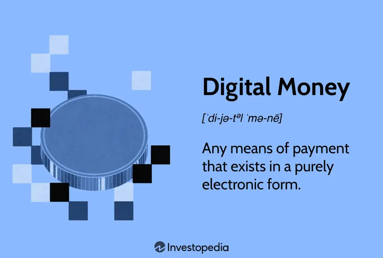 Grafika przedstawia monetę otoczoną pikselami, symbolizującą pieniądz cyfrowy. Definicja wyjaśnia, że to forma płatności istniejąca elektronicznie.