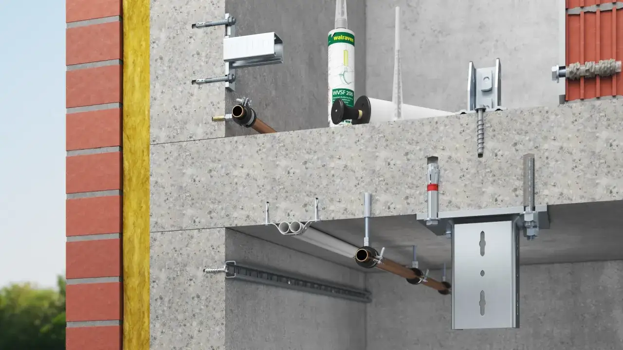 Detalle de instalaci&oacute;n de fachada ventilada: ladrillo, aislamiento, mortero y fijaciones. Se observa un taco qu&iacute;mico en la pared para asegurar la estructura.