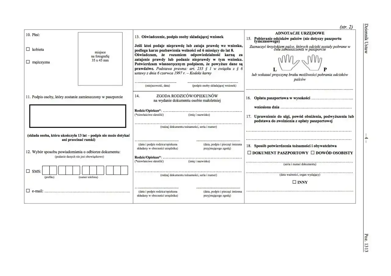 Formularz wniosku o paszport, z polami do wpisania danych osobowych, podpisu, zgody rodziców i informacji o opłatach.