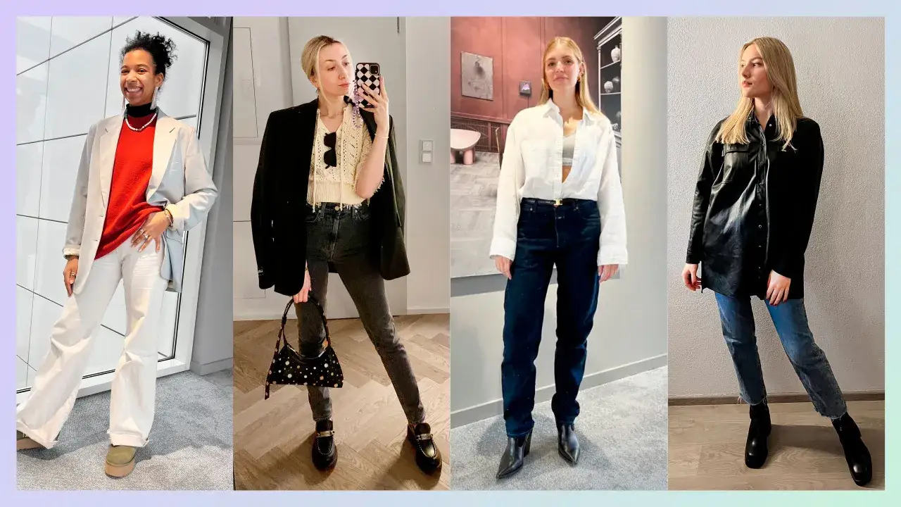 Vier Frauen pr&auml;sentieren stylische Outfits. Links ein **wide leg jeans outfit** mit wei&szlig;er Hose, rotem Pullover und hellem Blazer.