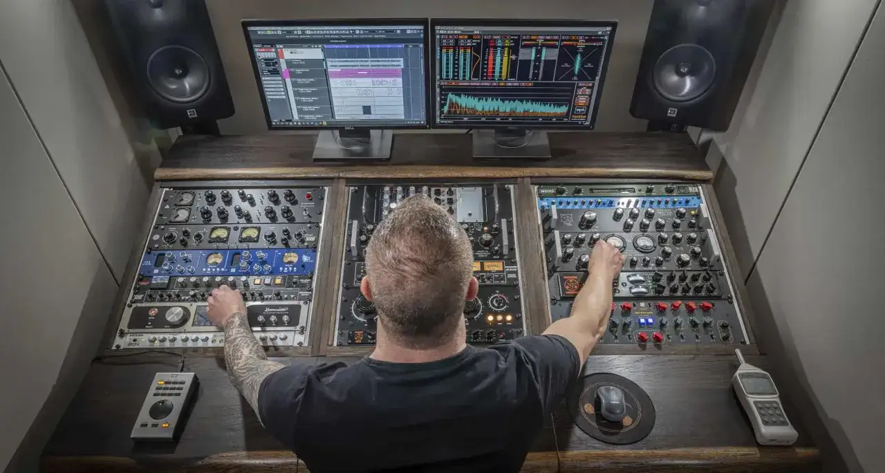 Mann mit Tattoos am Arm optimiert den Sound f&uuml;r Vinyl Mastering an einem Mischpult mit vielen Reglern und Monitoren.