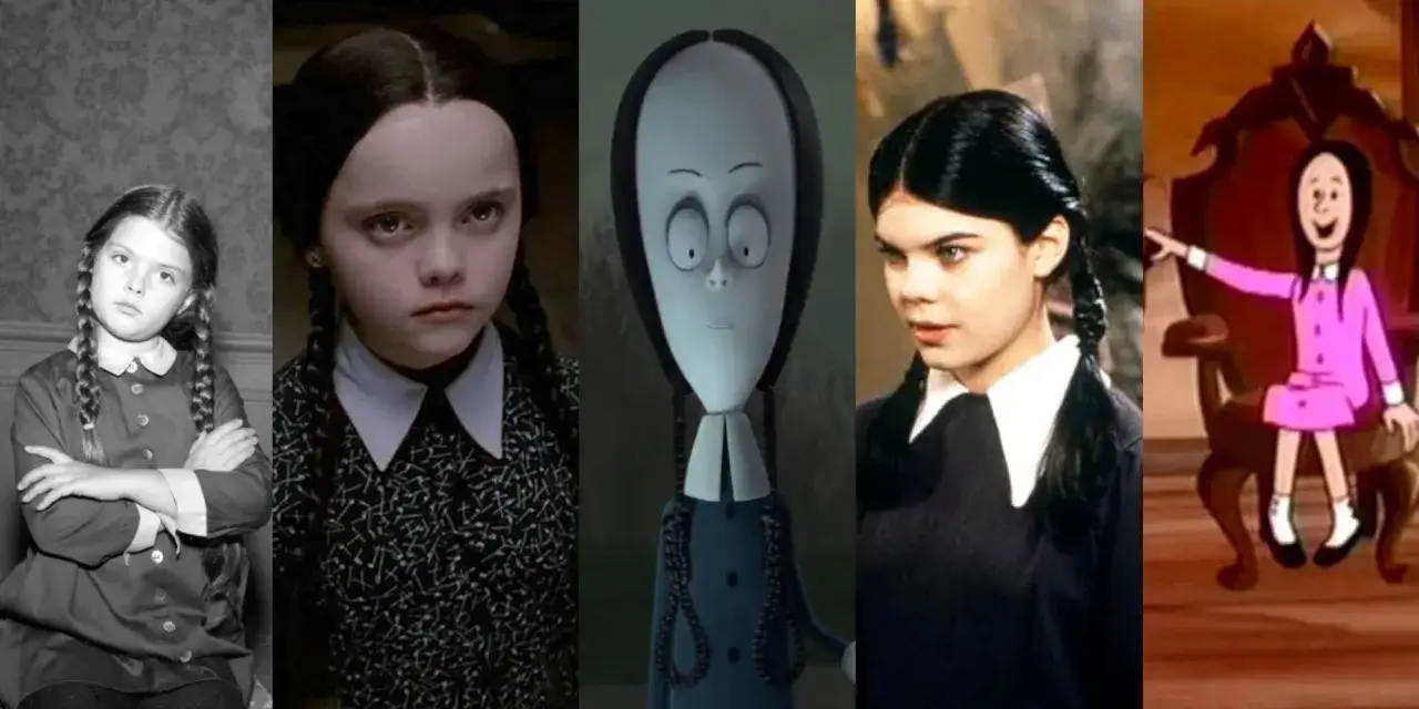Kolaż przedstawia różne wcielenia Wednesday Addams. Rodzina Addamsów obsada w różnych odsłonach: od czarno-białego serialu po animację.