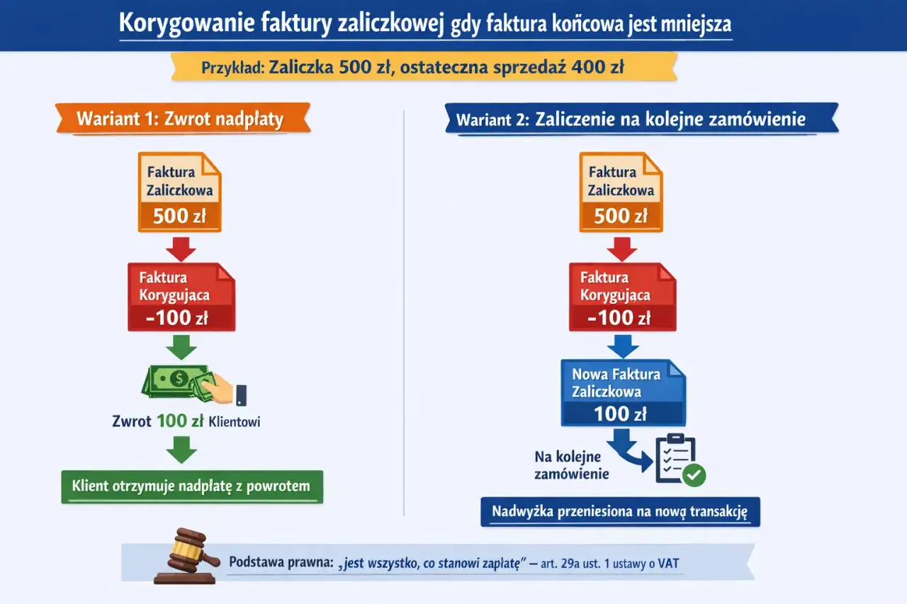Dwa warianty korekty faktury zaliczkowej: zwrot nadpłaty lub przeniesienie na kolejne zamówienie.