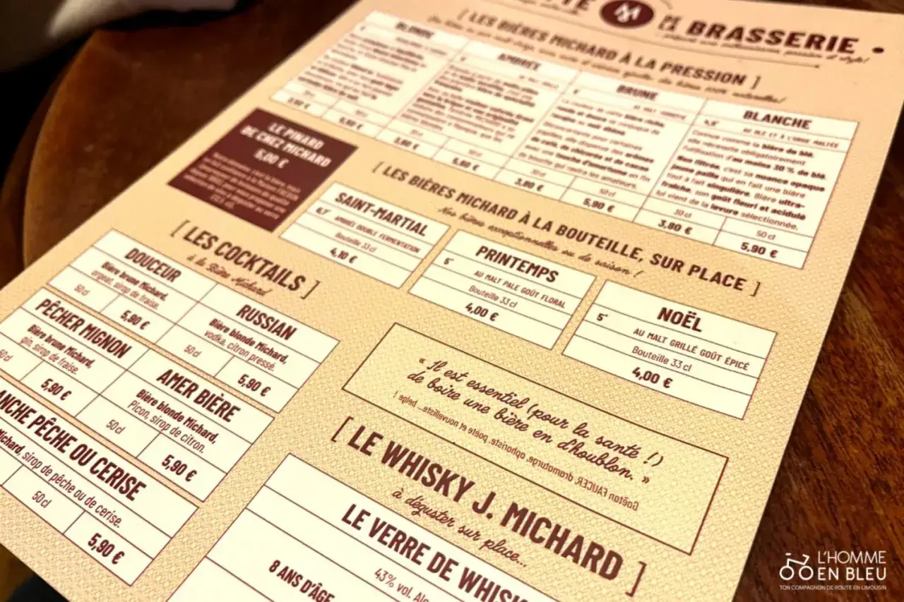 Menu des artistes Limoges : bières artisanales, cocktails et whisky J. Michard. Découvrez les saveurs uniques de la brasserie.