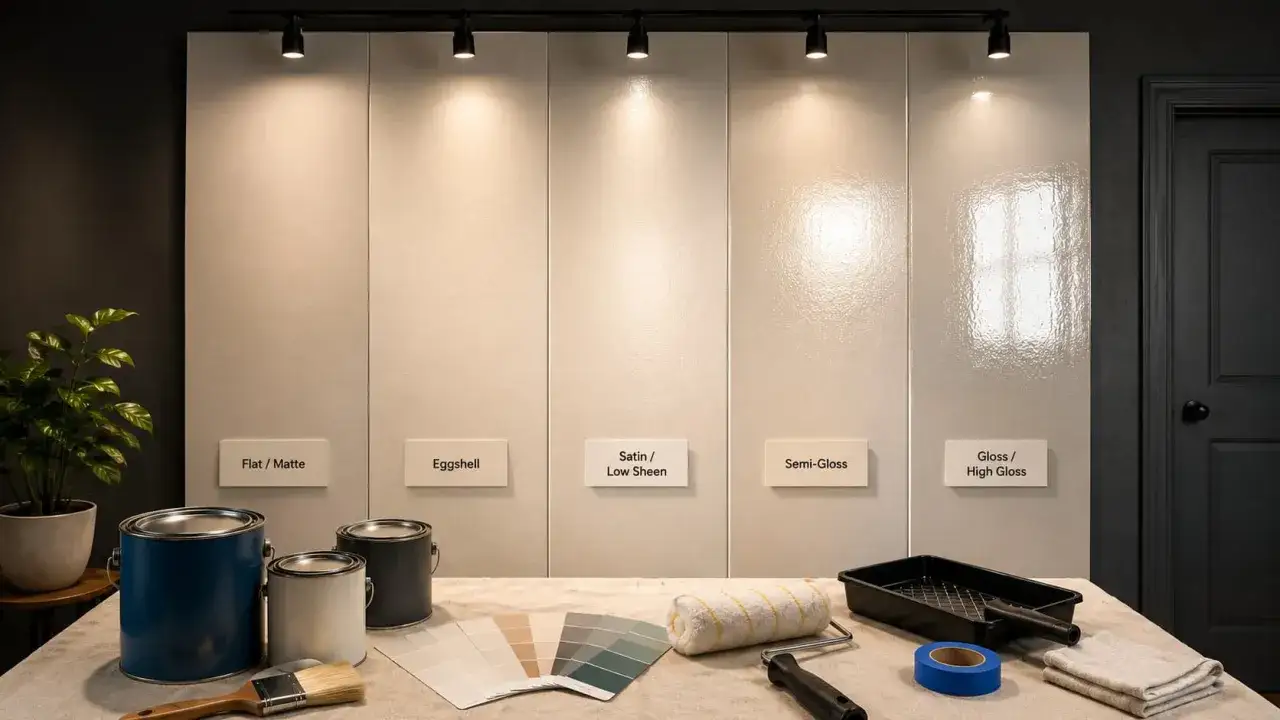 Displaying different types of paint finishes from flat to high gloss, with paint cans, brushes, and color swatches.
