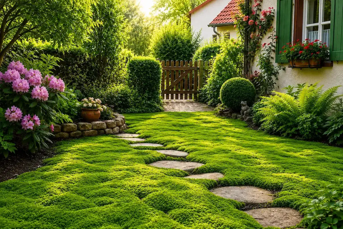 Ein &uuml;ppiger, sonnenbeschienener Garten mit einem moosbewachsenen Rasen und einem Steinpfad. Rhododendren bl&uuml;hen, ein Tor f&uuml;hrt zu einem Haus. Ein **stare im garten gut oder schlecht**? Hier ist es eindeutig gut!