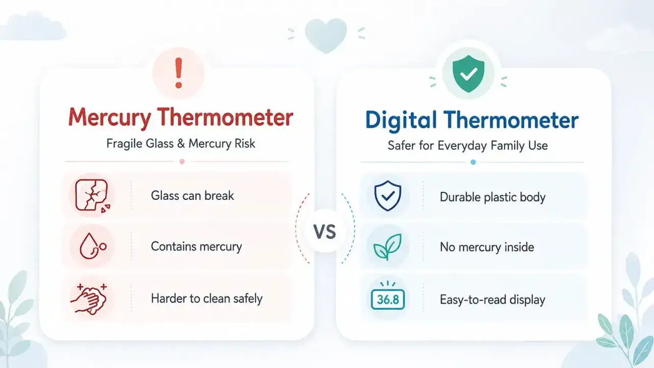 J&auml;mf&ouml;relse mellan kvicksilver- och digitaltermometer. Digital termometer &auml;r b&auml;st i test f&ouml;r familjen, s&auml;ker och l&auml;tt att l&auml;sa.