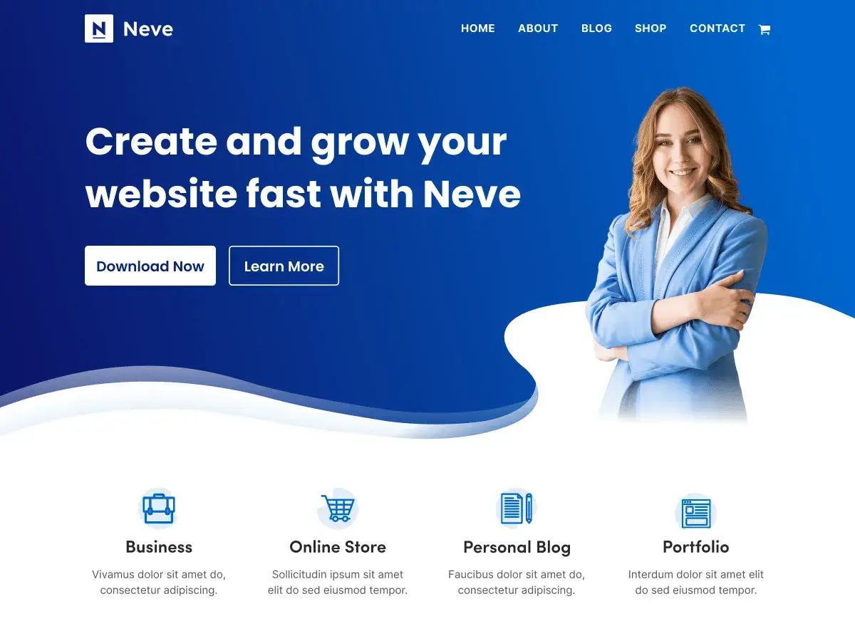 Une femme souriante en costume bleu, sur un fond bleu avec le logo Neve. Créez votre site WordPress rapidement avec Neve.