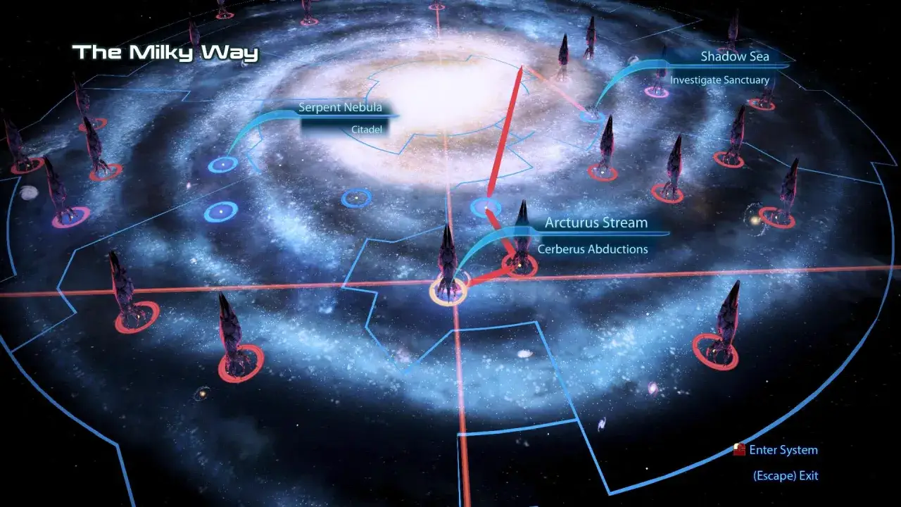 Mapa galaktyki z zaznaczonymi lokacjami, w tym Cytadelą i Mgławicą Węża. Pomocne w Mass Effect 3 poradnik.