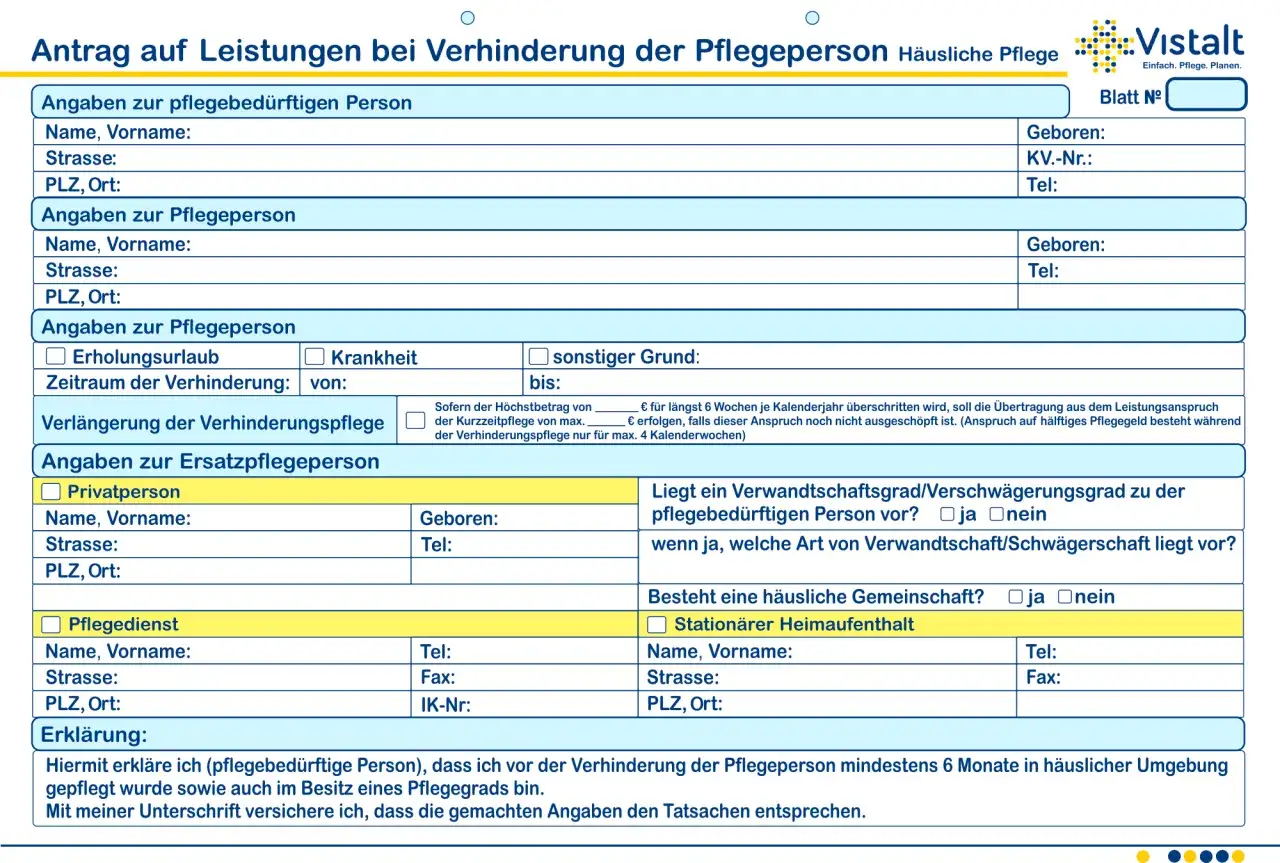 Antrag auf Verhinderungspflege für Pflegegrad 3. Formular zur Beantragung von Leistungen, wenn die häusliche Pflegeperson ausfällt.