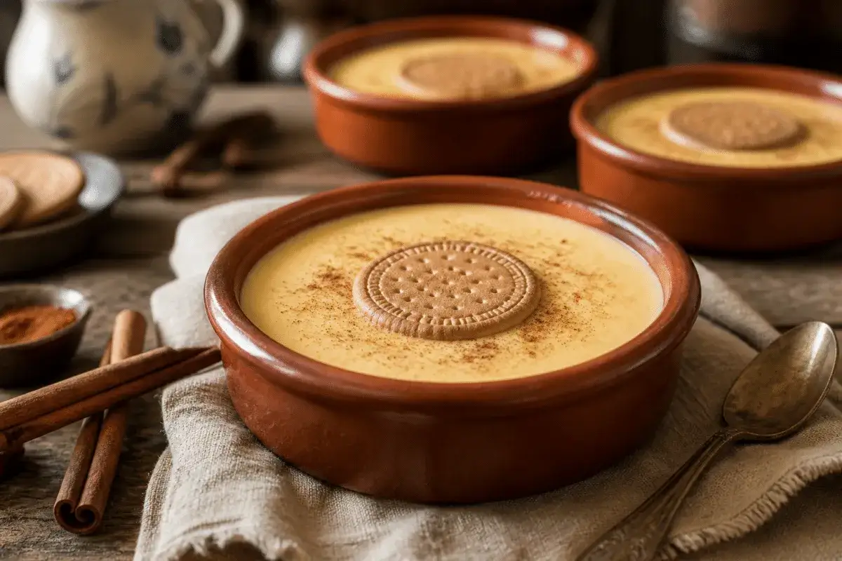 Deliciosas natillas caseras en cuencos de barro, espolvoreadas con canela y coronadas con una galleta.