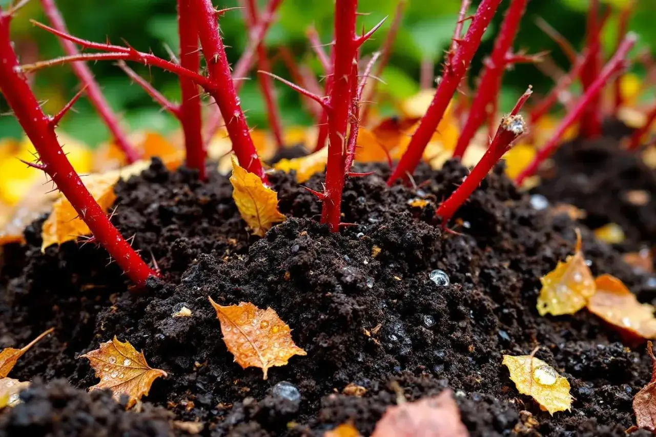 Des tiges rouges épineuses de framboisier émergent d'un sol riche, parsemé de feuilles d'automne. Un engrais framboisier idéal pour un bon départ.