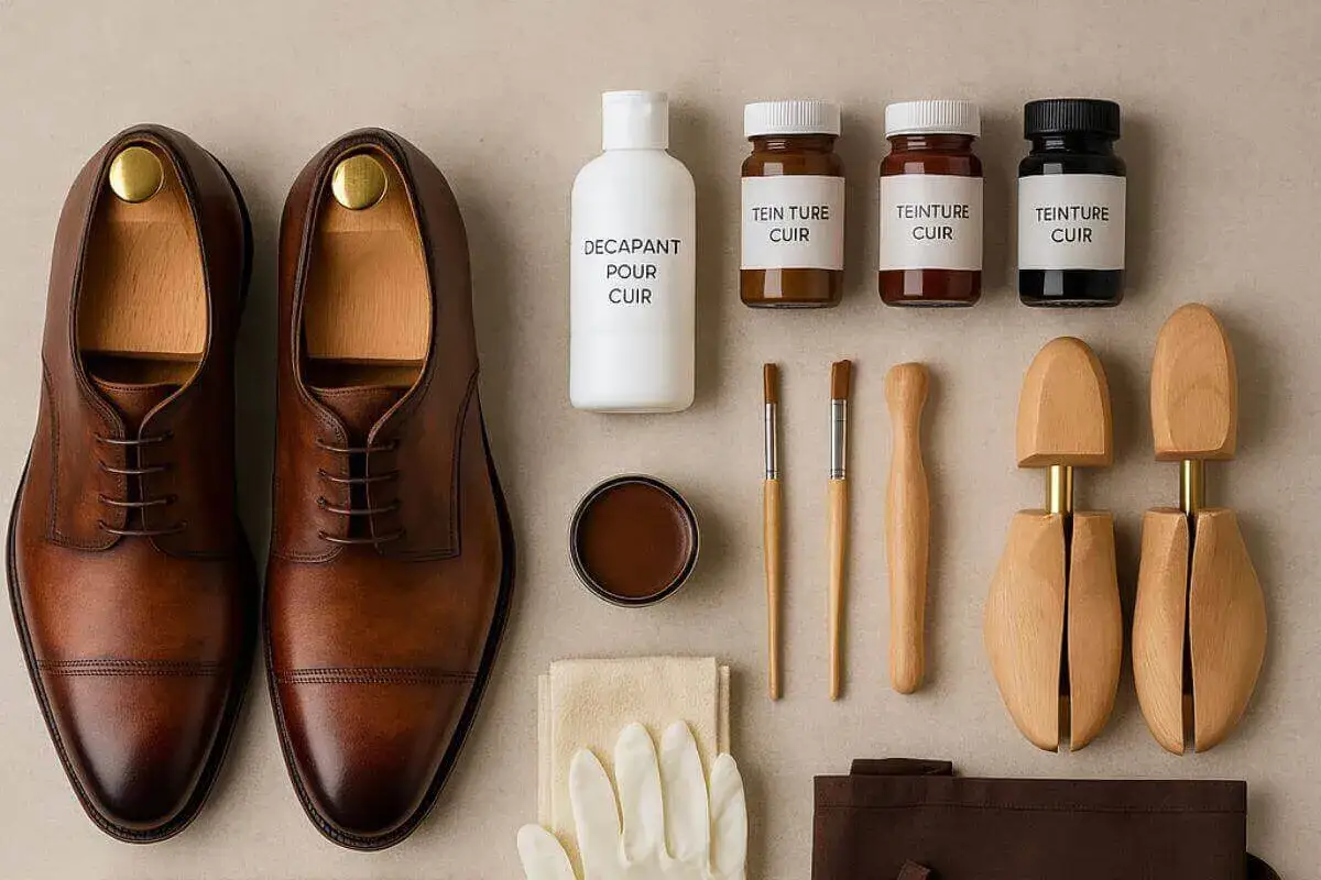Kit pour teindre des chaussures en cuir : teintures, d&eacute;capant, pinceaux, chiffons et embauchoirs. Oui, on peut teindre des chaussures en cuir !