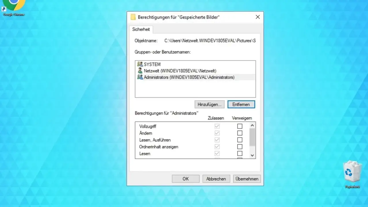 Windows-Fenster zeigt Berechtigungen für einen Ordner. Hier kann man sehen, wie man einen ordner sperren windows kann, indem man Berechtigungen für Benutzer festlegt.