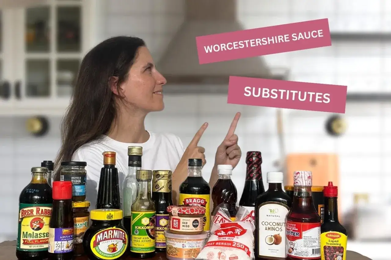 Kobieta pokazuje różne sosy i pasty, szukając alternatyw, gdy sos worcestershire czym zastąpić.