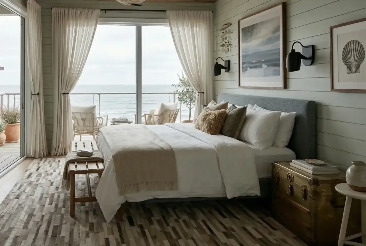 Gemütliches Schlafzimmer im Strandhaus-Stil mit Meerblick. Einladendes Bett, Holzboden und maritime Deko.