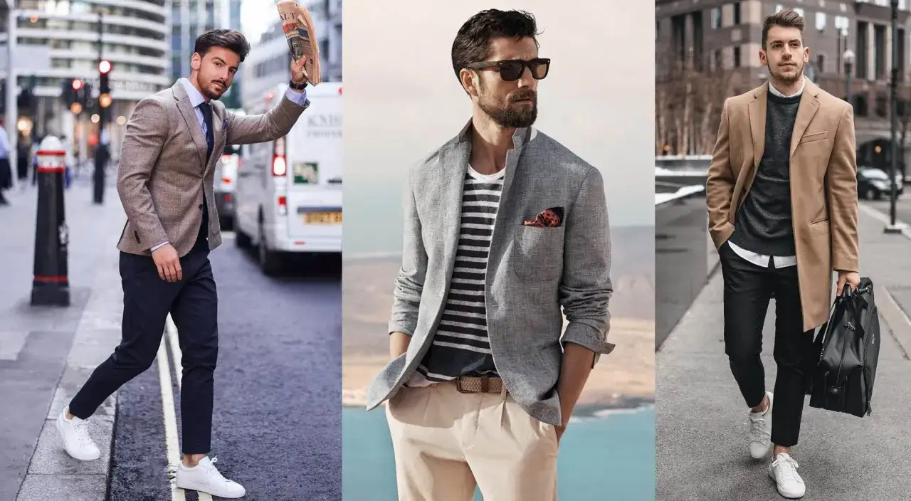 Tres hombres lucen un atuendo smart casual: uno con blazer y zapatillas, otro con chaqueta ligera y pantalón beige, y el tercero con abrigo camel y bolso.