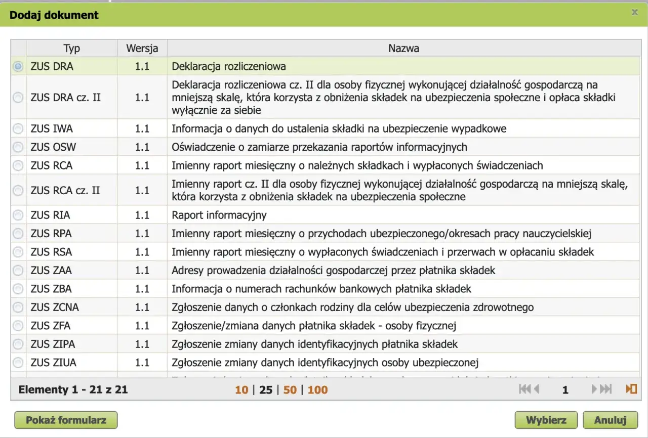 Lista dokumentów ZUS, w tym deklaracja rozliczeniowa ZUS DRA.