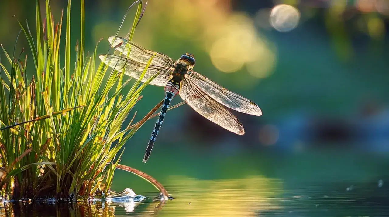 Libélula posada en hierba junto al agua. El significado de ver una libélula es transformación y adaptabilidad.