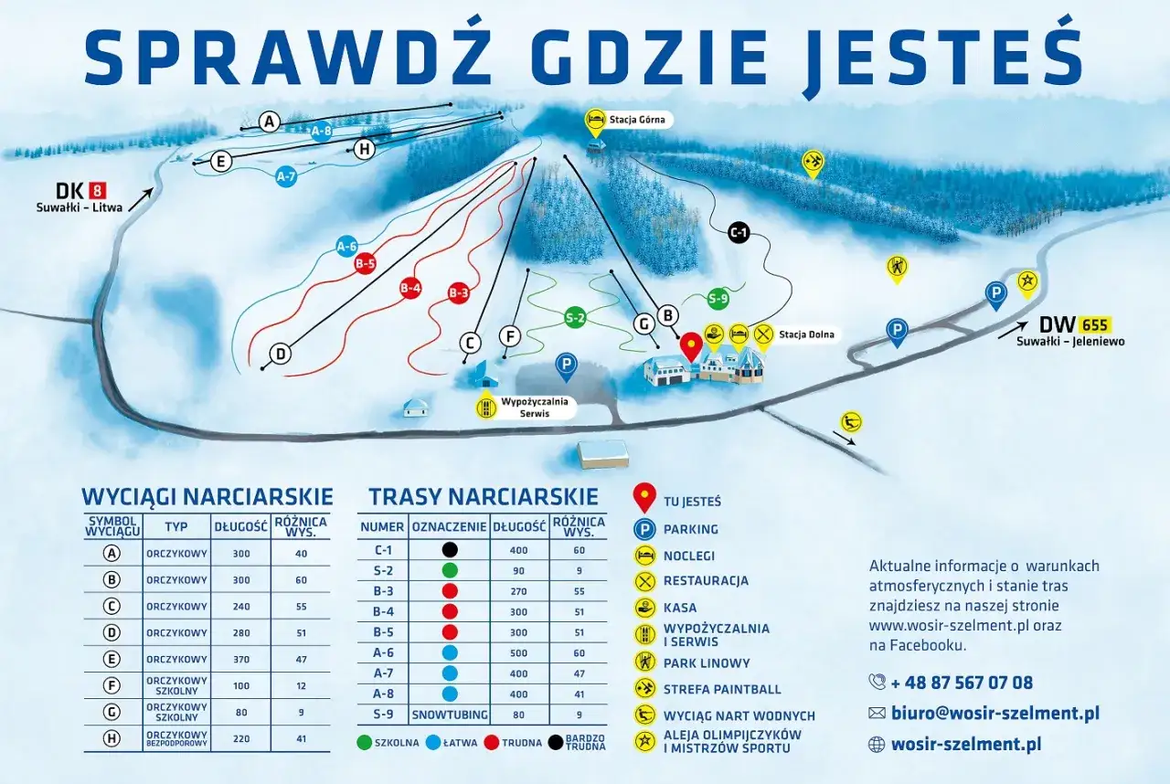 Mapa ośrodka narciarskiego Hańcza z trasami, wyciągami i punktami usługowymi.