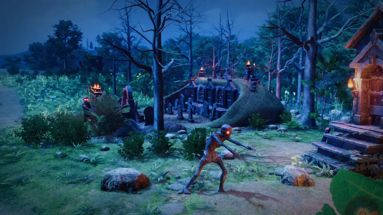 Mroczny las, cmentarz i przerażający szkielet z płonącymi oczami. To scena z gry Fable 4, gdzie czeka cię niebezpieczna przygoda.