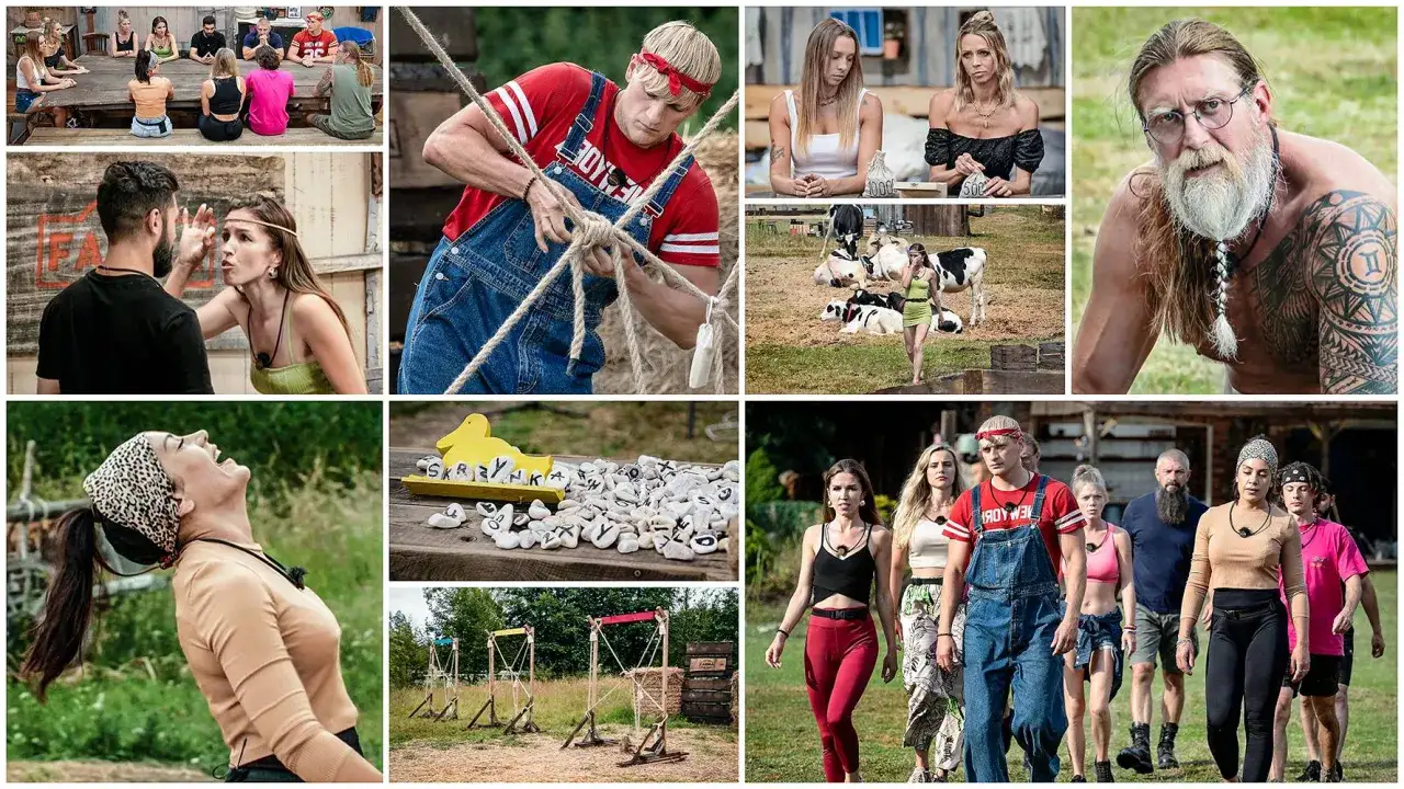 Uczestnicy programu, w tym mężczyzna w ogrodniczkach i kobieta z chustą na głowie, przygotowują się do wyzwań. Ile było odcinków?