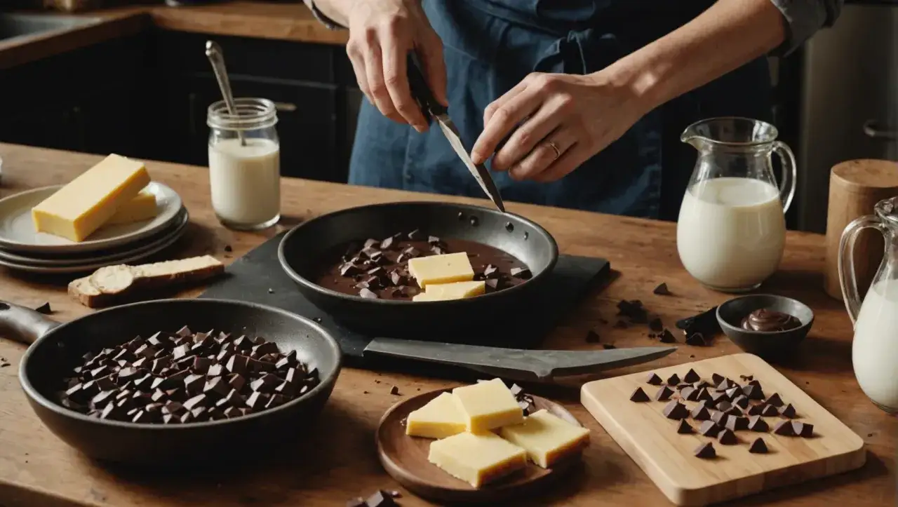 Préparation pour comment faire du chocolat au lait avec du chocolat noir : chocolat noir haché, lait et beurre sur une table en bois.