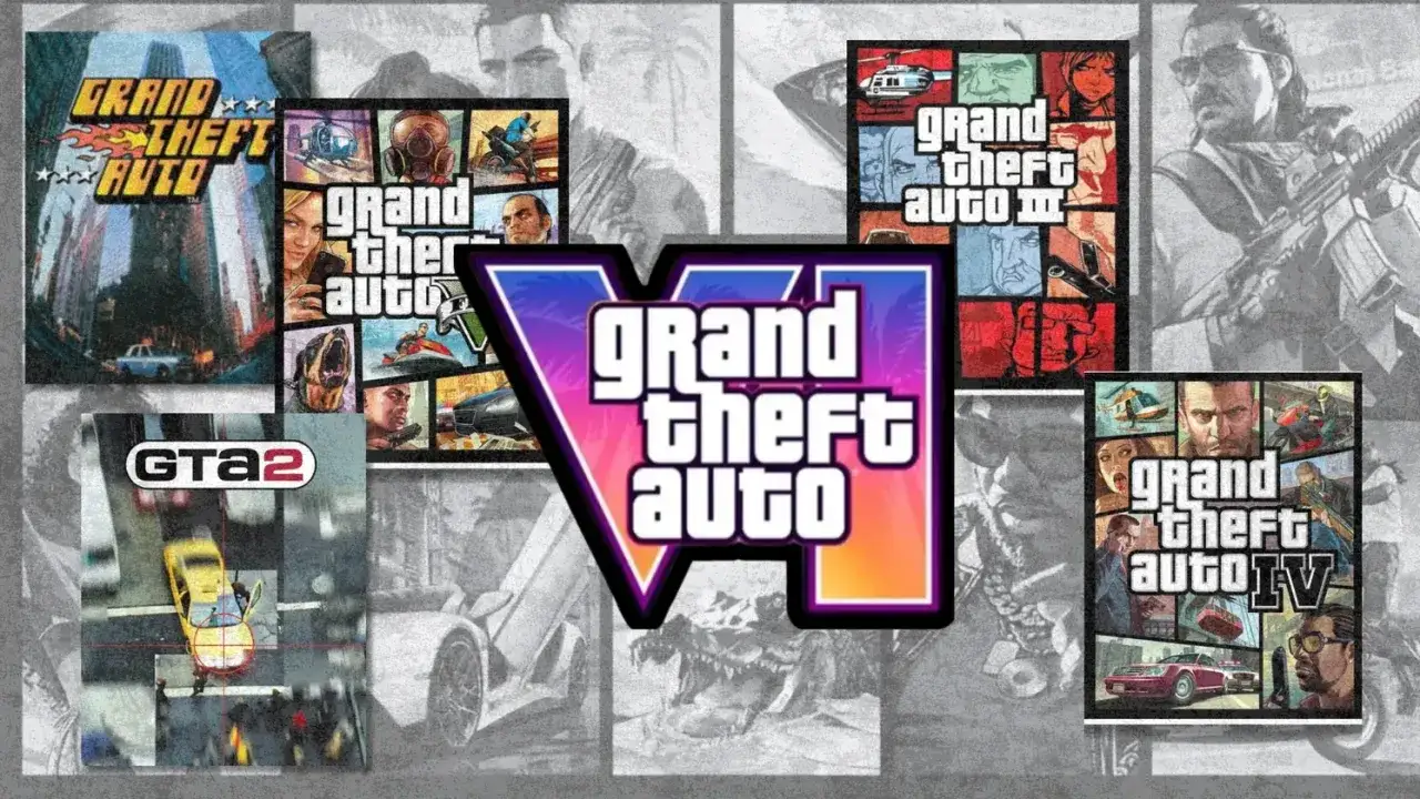A collage of Grand Theft Auto game covers, featuring GTA 1, GTA 2, GTA III, GTA IV, and the prominent GTA VI logo.