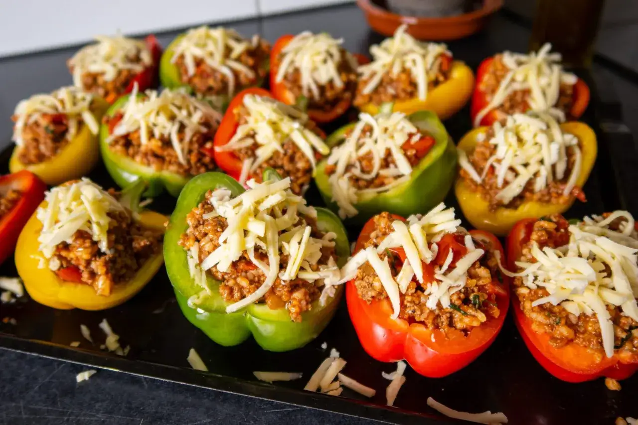 Fylld paprika i olika färger, toppade med riven ost, redo att tillagas. En härlig syn för alla som älskar fylld paprika!
