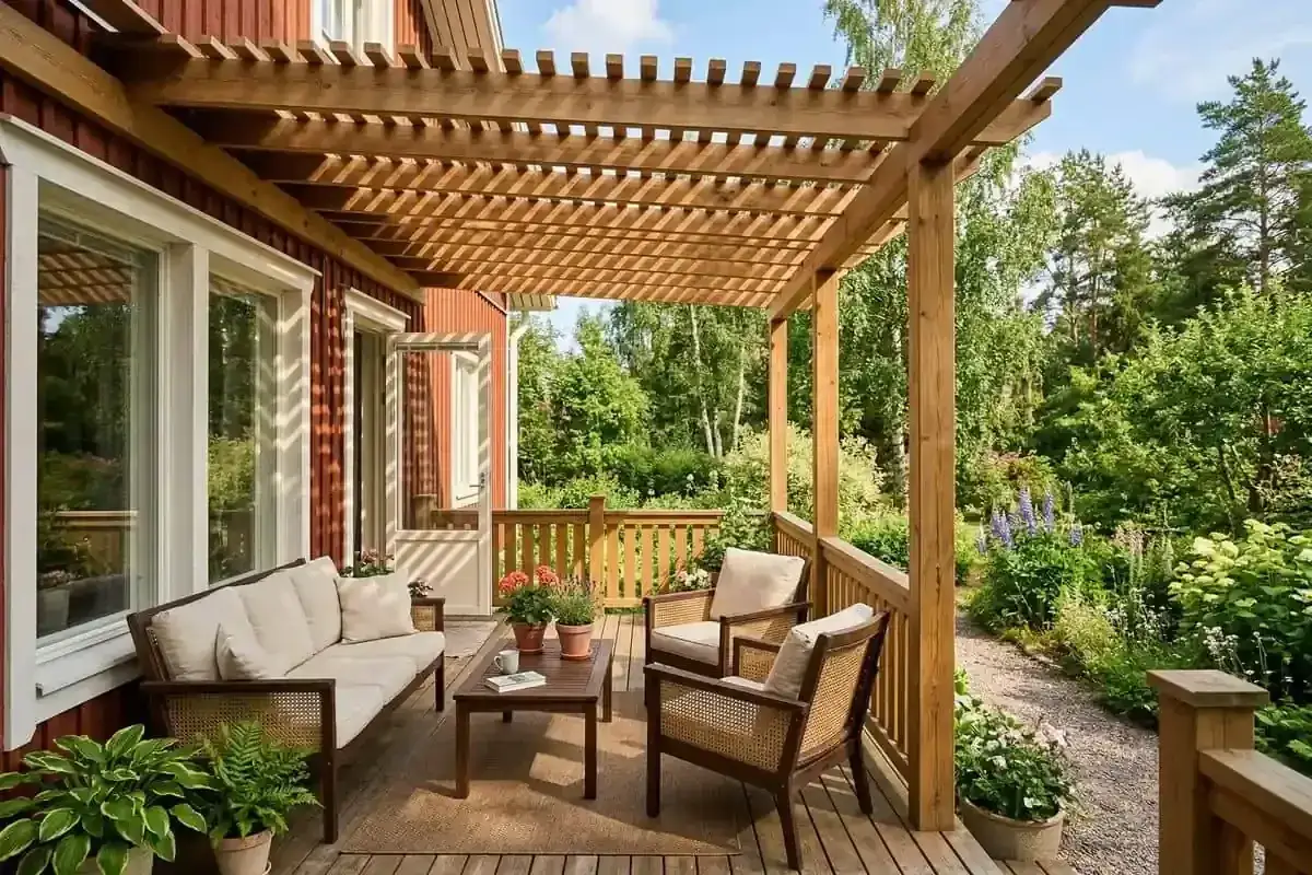 En mysig altan med soffa och stolar under en vacker träpergola. Perfekt för att bygga pergola och njuta av sommaren.