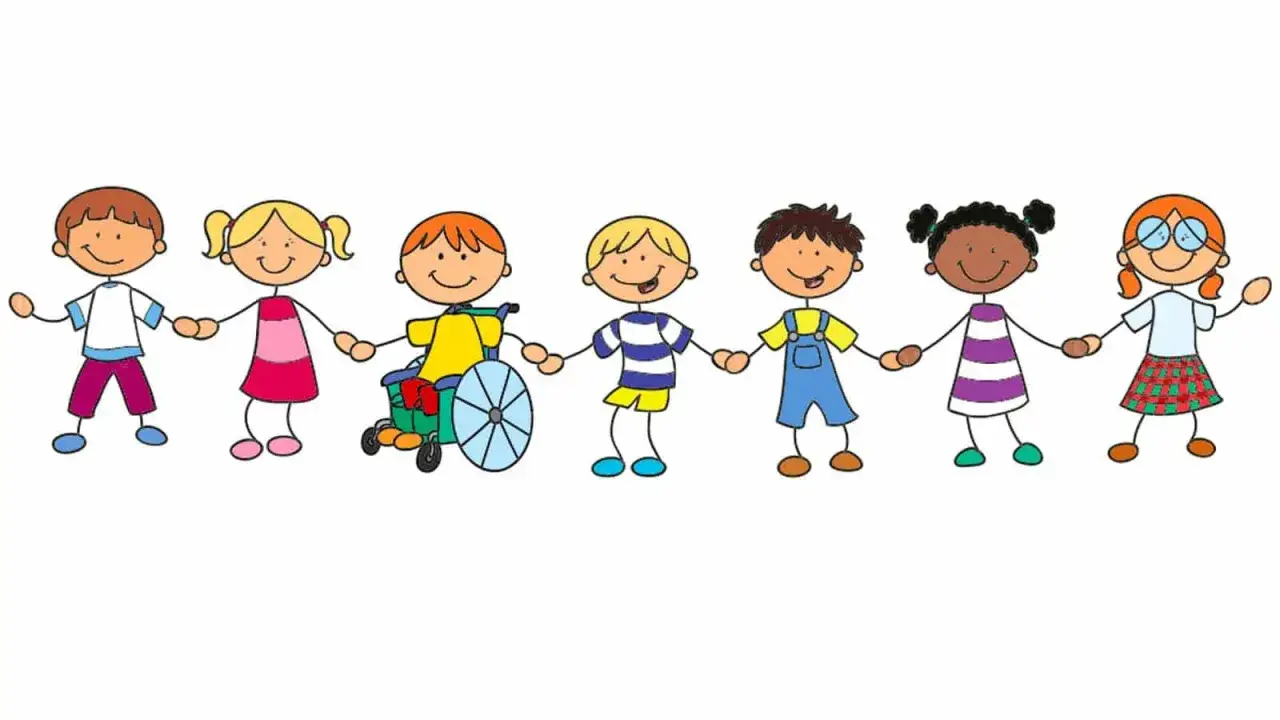 Bambini diversi, uniti per mano, celebrano l'amicizia e le strategie inclusive.
