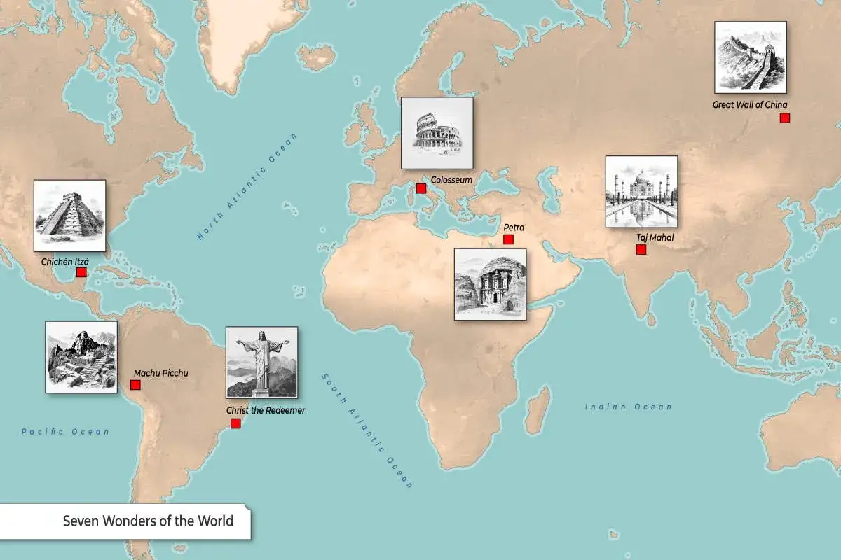 Mapa świata z zaznaczonymi siedmioma cudami świata: Chichén Itzá, Machu Picchu, Chrystus Odkupiciel, Koloseum, Petra, Tadż Mahal, Wielki Mur Chiński.