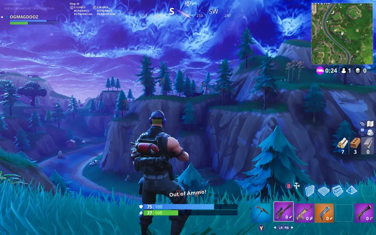 Gracz w Fortnite, kiedy wyszedł Fortnite, stoi na wzgórzu, patrząc na dolinę.